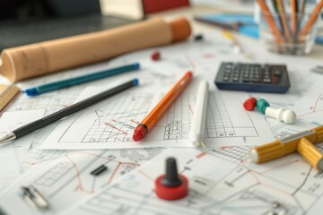 Aufkleber - A desk with various office supplies including calculators, pens, and pencils