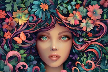 Spring Cartoon. Botanist Woman Illustration with Abstract Beauty and Fashion Flower Theme