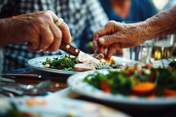 Wall Mural - A person is shown cutting a plate of food with a knife