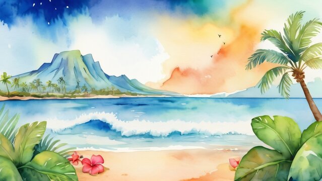 watercolor of Vintage summer holiday poster featuring a beach scene with festive decoration