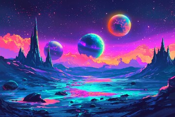 Poster - iconography of asteroids with moons, rocks, and black holes. surreal fantasy cosmos. nebula with pla