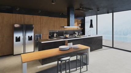 Wall Mural - 3D render of a contemporary kitchen with natural wood and marble materials.Huge middle island with a durable porcelain countertop allows for ample meal prep and gathering space. Orbit shot.