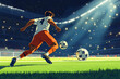 © Noufaldi - Dynamic shot of a soccer player about to kick the ball on a well-lit stadium field during a match, cartoon style, 3d rendering. Generative AI