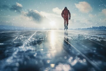 Poster - A person in a bright red suit walks on the surface of a frozen lake, surrounded by snow-covered trees and ice