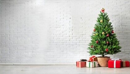 decorated christmas tree and gift boxes over white brick wall with copy space