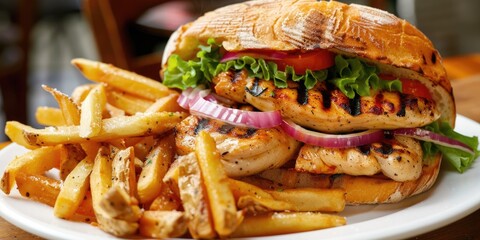 Canvas Print - Chicken sandwich with a side of French fries served