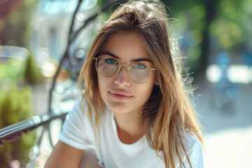 Poster - A woman wearing glasses sits on a bench, looking thoughtful