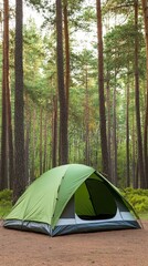 Wall Mural - camping adventure in a serene pine forest with gray canvas army tents nestled among tall trees and b