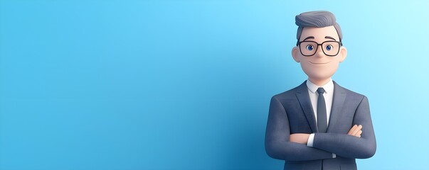 A 3D cartoon businessman with glasses presents a confident pose against a blue background, ideal for professional or corporate themes.