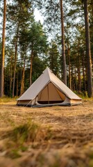 Wall Mural - camping adventure in a tranquil forest with an army tent surrounded by towering pine trees and golde