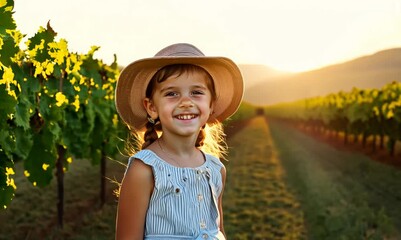 Poster - Portrait of cute little girl in vineyard at sunset time.