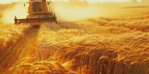 Poster - Agricultural scene with a combine harvester harvesting cereal plants in a wheat field during a dry season