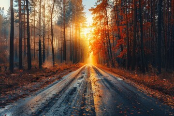 Wall Mural - Fall In The Country. Serene Autumn Forest Scene with Vibrant Foliage and Country Road at Sunset