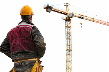 A construction worker standing in front of a crane on a building site