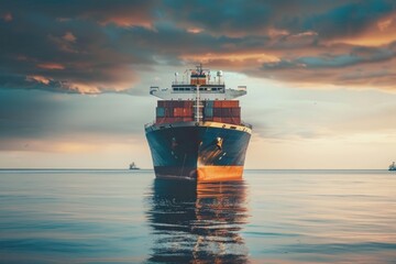 Wall Mural - Large cargo ship sailing through calm ocean waters