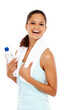 © Leffy/peopleimages.com - Fitness, girl and portrait with water in studio for workout, exercise and hydration for training at gym. Happy, instructor and woman with towel for pilates, yoga or wellness detox on white background