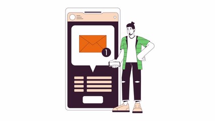 Poster - Send message with phone line 2D animation. Email virtual chatting. Texting man caucasian 4K video motion graphic. Application smartphone linear animated cartoon flat concept, white background
