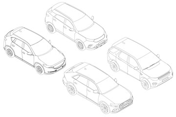 Set of contours different models of cars. Vector flat style illustration. Isometric view car vector illustration. 3D.