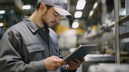 A factory technician in a gray uniform, using a digital tablet to monitor the performance