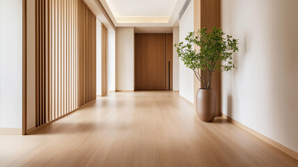 Sticker - A Japandi hallway with simple wooden flooring neutral walls and elegant minimalistic decor creating a calming ambiance 