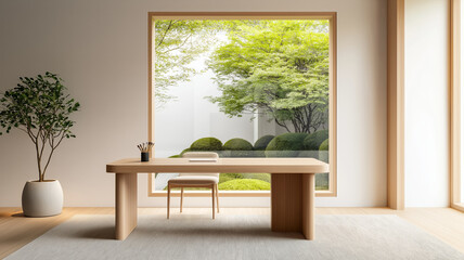 Poster - A Japandi workspace with a minimalist desk natural wood and a calming view of a zen garden through a large window 