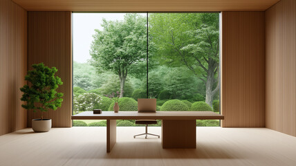 Poster - A Japandi workspace with a minimalist desk natural wood and a calming view of a zen garden through a large window 