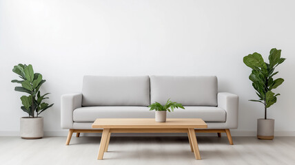 Wall Mural - A Scandinavian living room with a light gray sofa wooden coffee table and simple decor creating a clean and modern look 