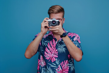 Young man holds a camera and poses against a blue background wearing a floral shirt