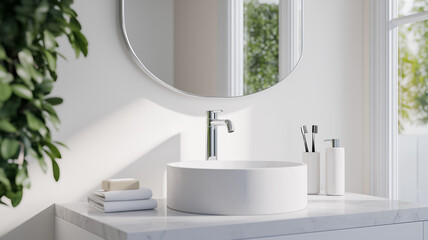 A bathroom with Swiss coffee colored walls marble countertops and sleek chrome fixtures creating a bright and elegant atmosphere 