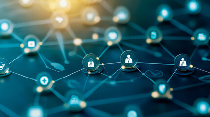 Poster - A modern digital network illustration showcasing connections between various user icons on a dark background.