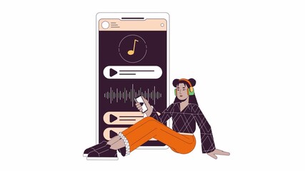 Poster - Woman headphones listening music on phone line 2D animation. Chilling girl with audio player 4K video motion graphic. Application smartphone linear animated cartoon flat concept, white background