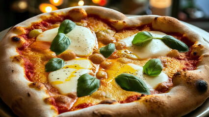 Heart-shaped four-cheese pizza with fresh basil and melted cheese, perfect for Valentine's Day or romantic dining. 