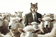 © Fotograf - A wolf in a business attire blends in with a flock of sheep, highlighting the theme of conformity and blending in