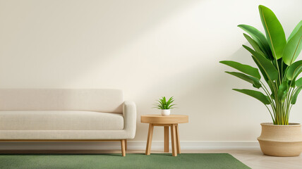 A living room with a sage green rug neutral furniture and large indoor plants creating a fresh modern look 