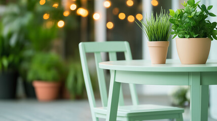 A sage green dining set on a patio with potted plants and string lights creating a cozy inviting outdoor space 