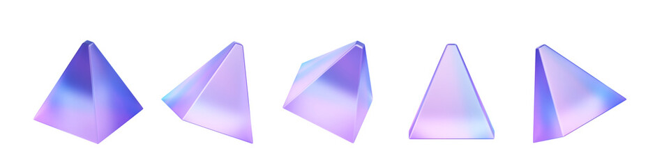 Wall Mural - Holographic pyramid geometric shape 3d render icon set png. Abstract triangle figure of glass or plastic with iridescent neon gradient texture isolated on transparent background. 3D illustration