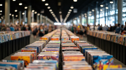 A vibrant merchandise area with booths selling comic books collectibles posters and themed apparel packed with fans 