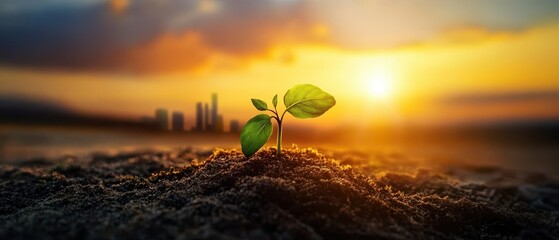 Canvas Print - Young Plant Growing in Soil with City Skyline and Sunset in the Background, Symbolizing Urban Nature and Growth