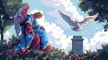 Christian religious background in colorful pixel-art style.