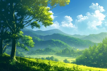 Beautiful landscape with green mountains, trees, blue sky and white clouds. Natural scenery with bright sun rays.