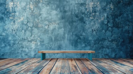 Wall Mural - Empty blue cement wall background with wooden floor for product display and text placement