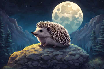 A captivating illustration of a hedgehog at the peak of stone in front of a full moon ai generated