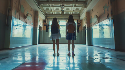 Two teenage girls in high school hall during break.