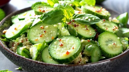 Wall Mural - A bowl of cucumbers and spinach with a sprinkle of quinoa. The bowl is full and colorful, with the green vegetables and the brown bowl creating a contrast. Concept of freshness and healthiness