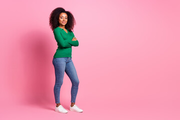 Poster - Full length photo of lovely young lady crossed hands confident dressed stylish green garment isolated on pink color background