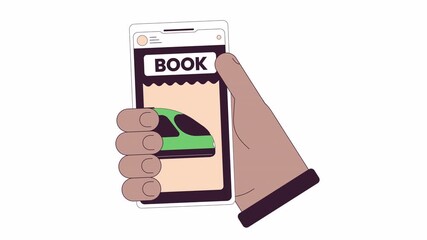 Poster - Booking train ticket on smartphone hand line cartoon animation. Mobile phone app railway trip 4K video motion graphic. Railroad tour cellphone 2D linear animated hand isolated on white background