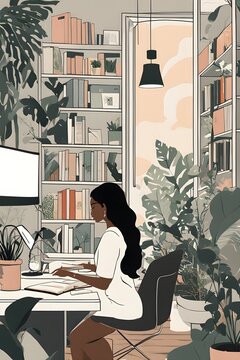 Woman working at desk of modern home office