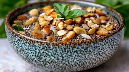 Wall Mural - A bowl of nuts and seeds with a green leaf on top. The bowl is blue and has a pattern on it