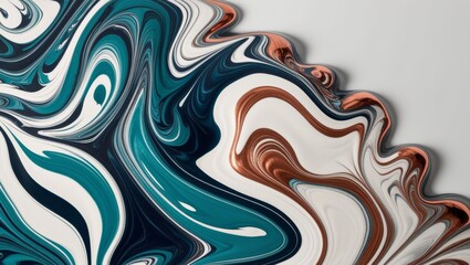 Abstract background with teal, white and copper swirls.  Abstract art, fluid art, contemporary.