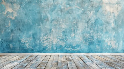 Wall Mural - Empty blue cement wall background with wooden floor for product display and text placement